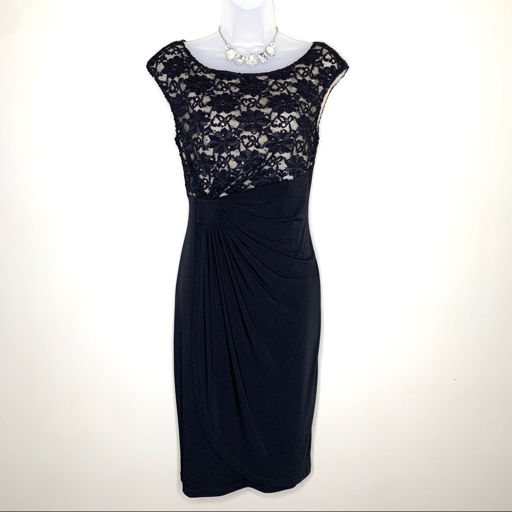 Connected Apparel Black Cocktail Dress Lace Sequin Ruched Waist Cap Sleeve Sz 6